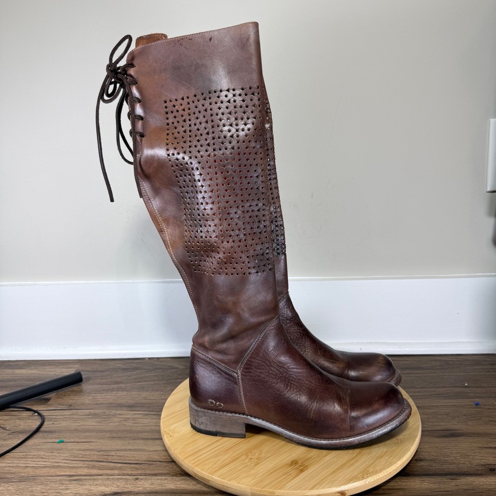 Bed Stu Cambridge Distressed Tall Boots Womens 9.5 Brown Leather Perforated Boho